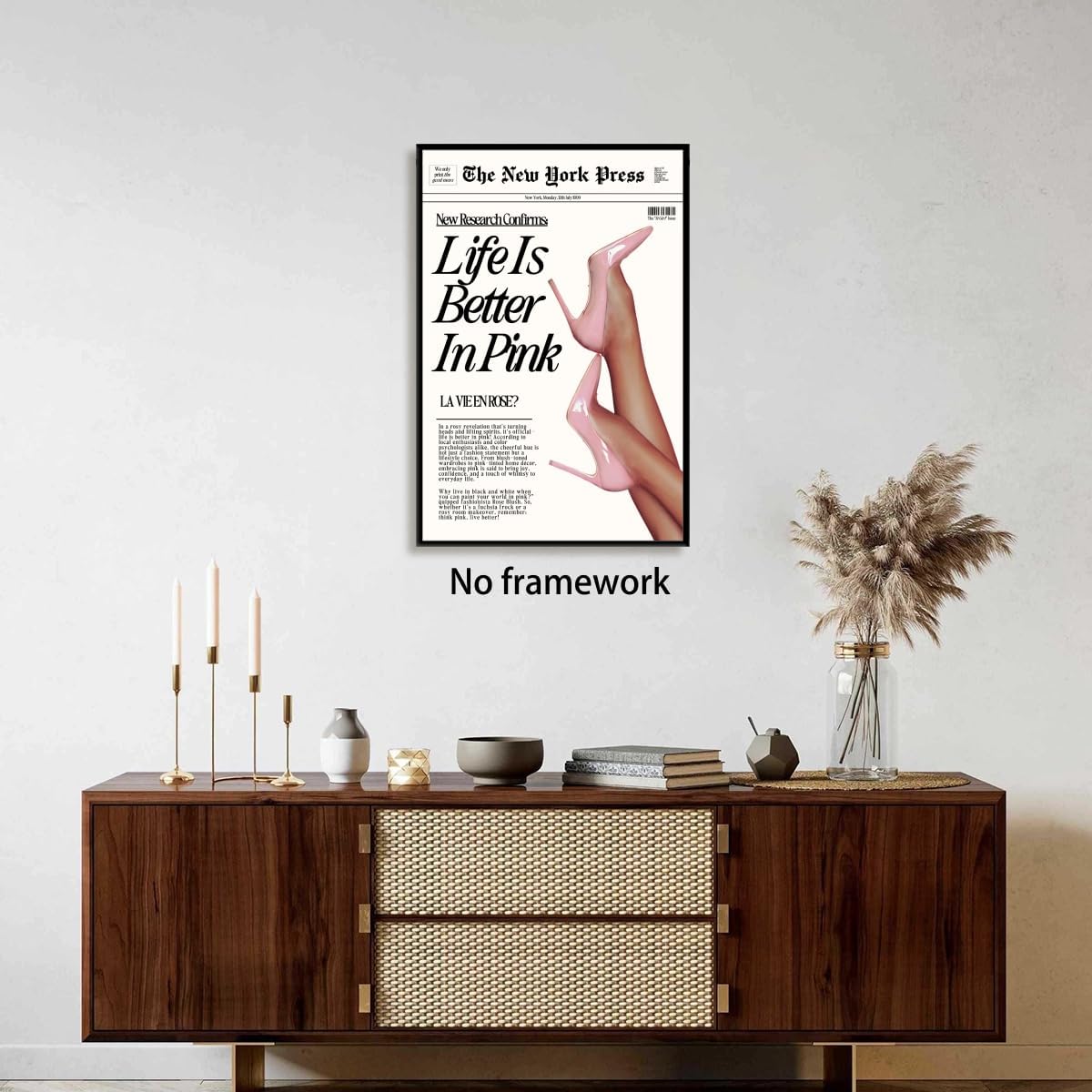 Vintage Baby Pink Newspaper Wall Art Retro News Headline Poster Trendy Preppy Girl Aesthetic Decor for Bedroom Apartment Dorm Life is Better in Pink Canvas Print Picture 12x18inch Unframed