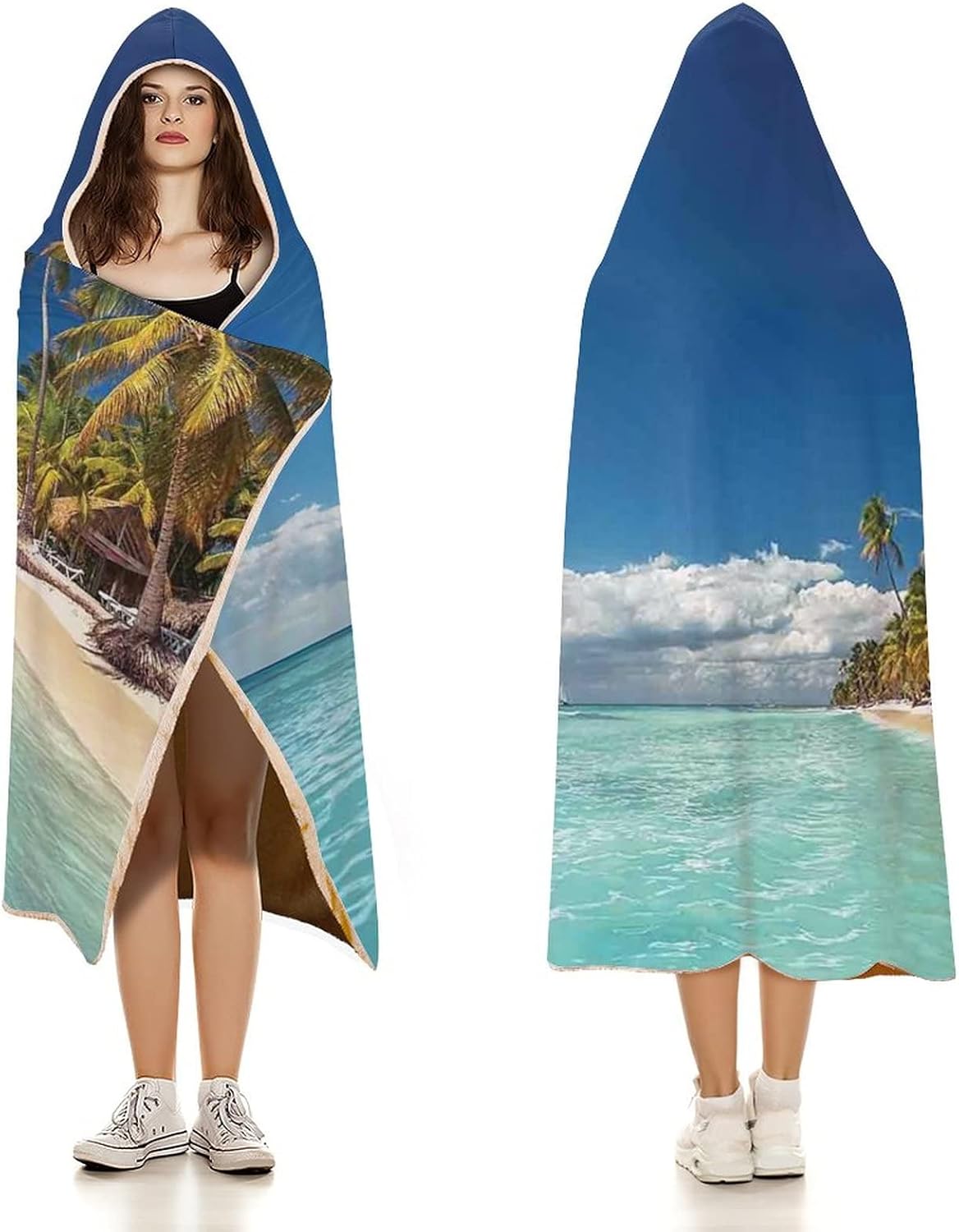 Throw Blankets, Ocean Women Men Hooded Blanket, Landscape of Paradise Tropical Island Beach with Vivid, Soft Warm Cozy, 60 x 80inches, Studying Reading Snuggling Napping Office, Green Blue Cream