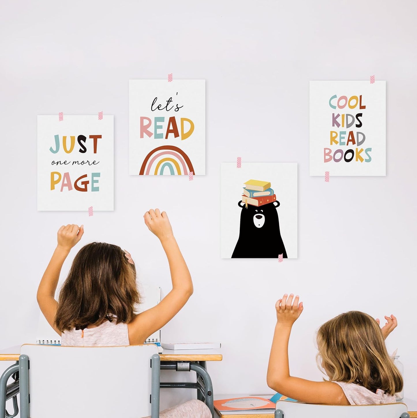 HRQKO Cool Kids Read Books Wall Art Poster Set of 4, Boho Rainbow Classroom Library Reading Corner Posters Wall Decor, Inspirational Quotes Read Signs Prints for Playroom Nursery 8”x10” Unframed