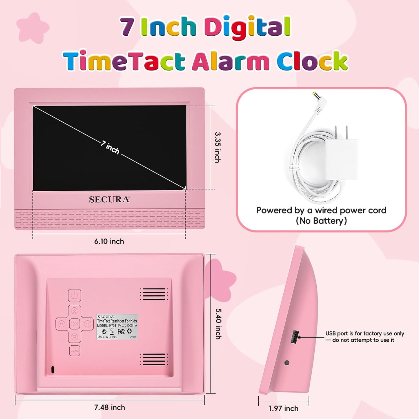 Secura TimeTact Reminder for Kids, 7" LED Talking Alarm Clock with Countdown Visual Timer, 17 Daily Reminders & 5 Custom Alarms Habit Reminder and Scheduler (Pink)