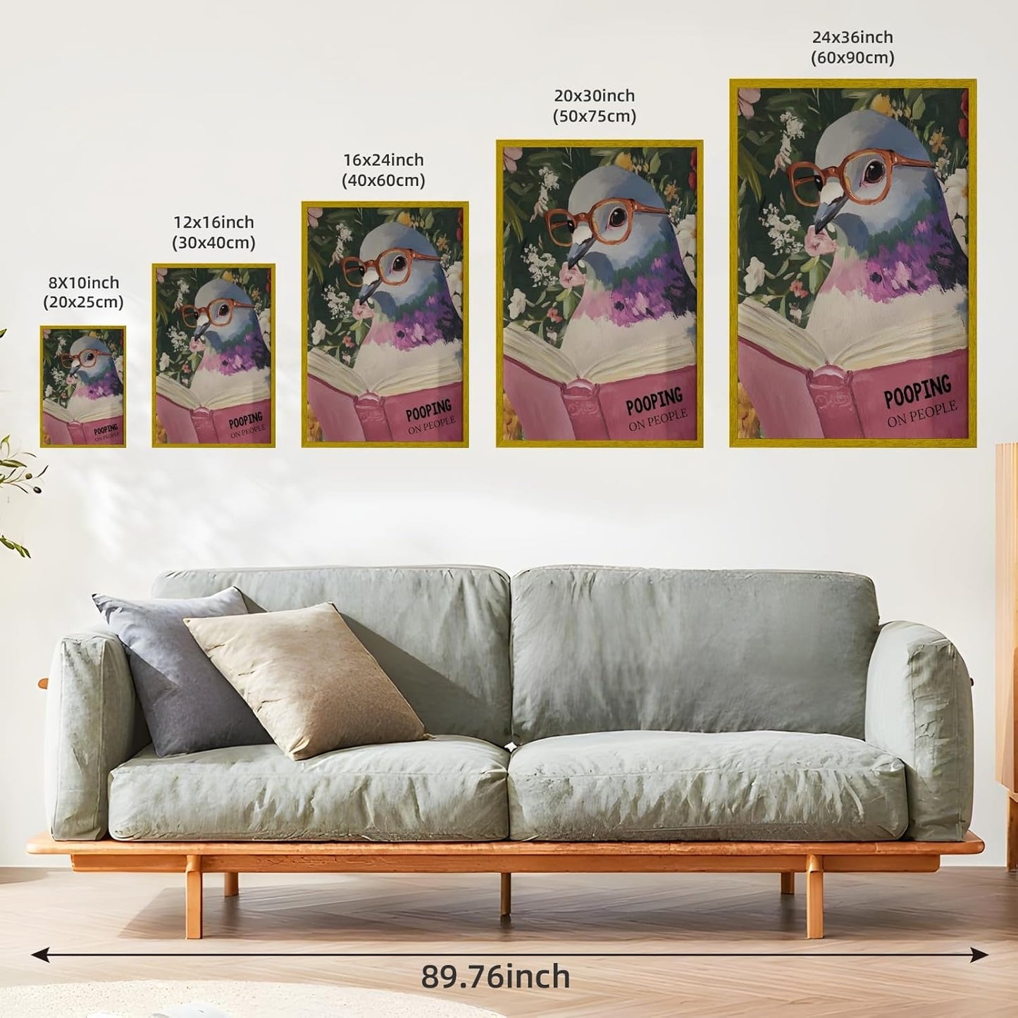 Humorous Pigeon Reading Poster Bathroom Wall Art Quirky Wall Decor Cheeky Animal Canvas Print For Bathroom Office Library8x10inch Golden frame