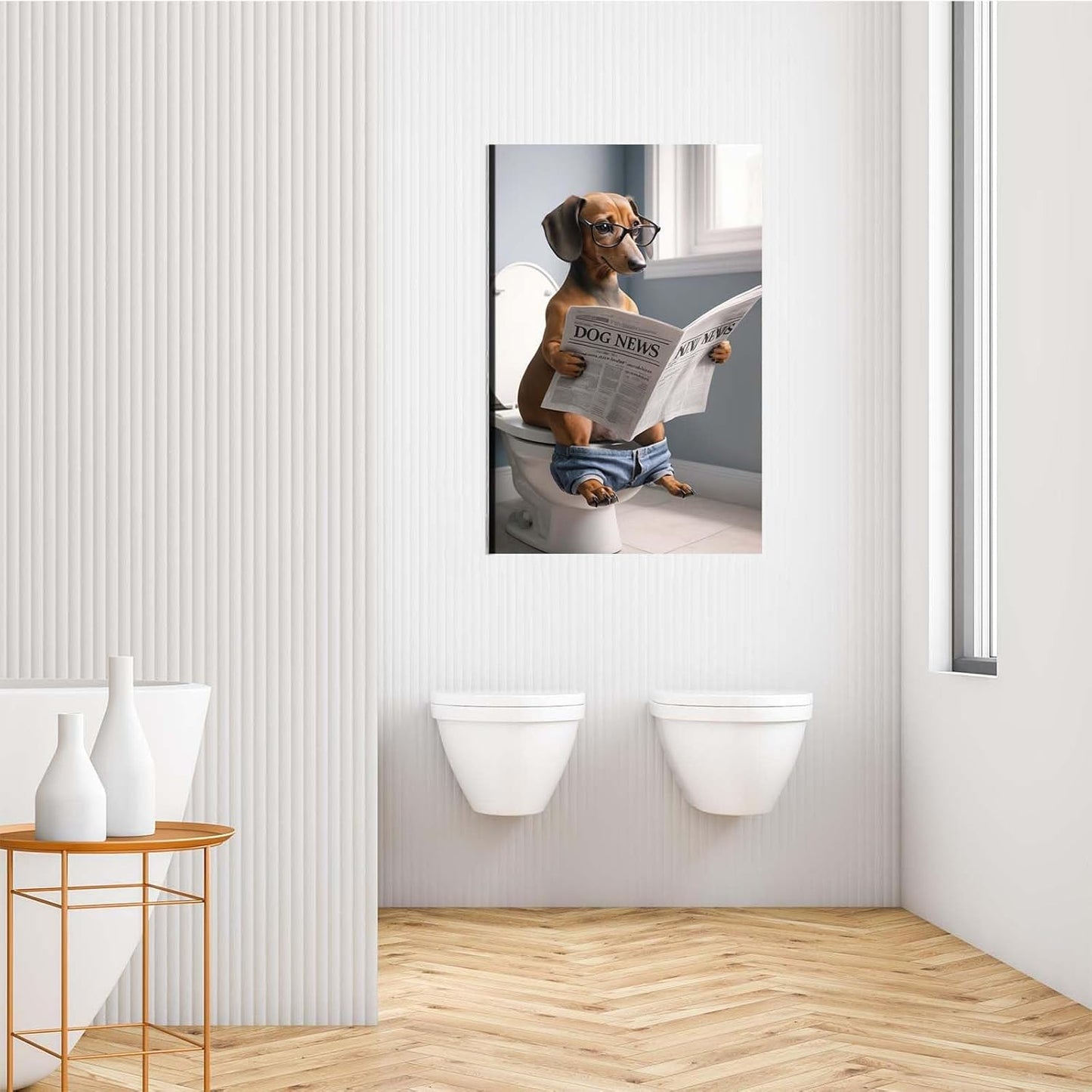 Funny dog in bathroom sitting on toilet reading newspaper funny bathroom wall decor animals in toilet dog gift ideas bathroom decor wall art prints bathroom posters canvas wall art for dog lovers