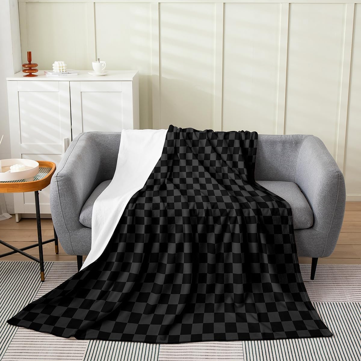 Black and Gray Checkered Throw Blanket,Geometric Plaids Grids Simple Fleece Blanket for Bedroom Decor,Abstract Checkerboard Buffalo Squares Super Soft Blankets All Seasons,Queen 90"x90"