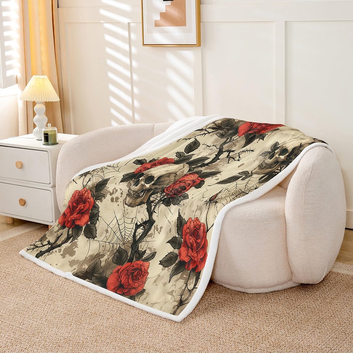 Erosebridal Rose Sugar Skull Fleece Blanket 40"x50" Retro Spider Web Warm Plush Sherpa Blanket Floral Thorns Horror Theme Fuzzy Plush Throw Red White Gothic Room Decor