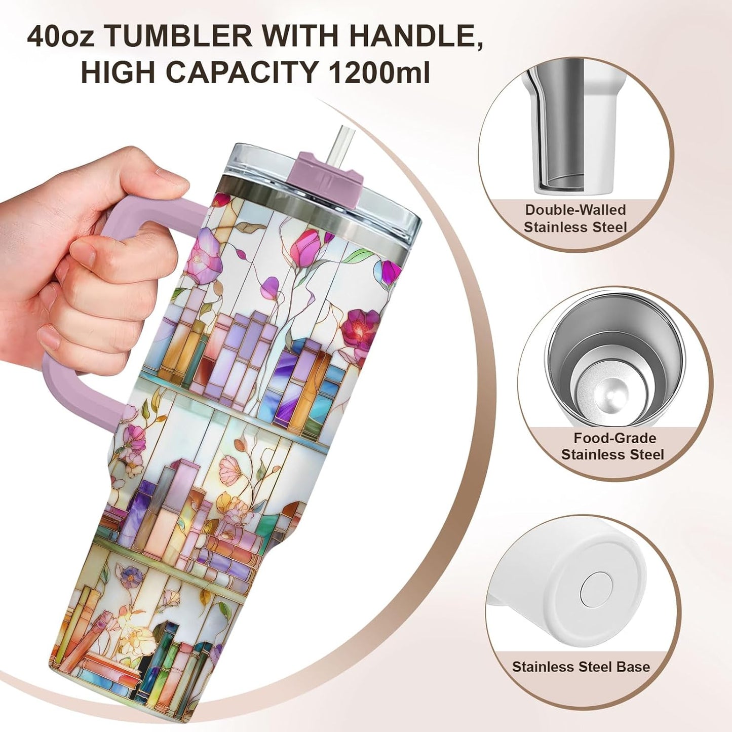 Reading Tumbler 40oz Stainless Steel with Handle and Straw Bookish Travel Mug Insulated Coffee Cup Gift for Book Lovers Women Teacher Librarian