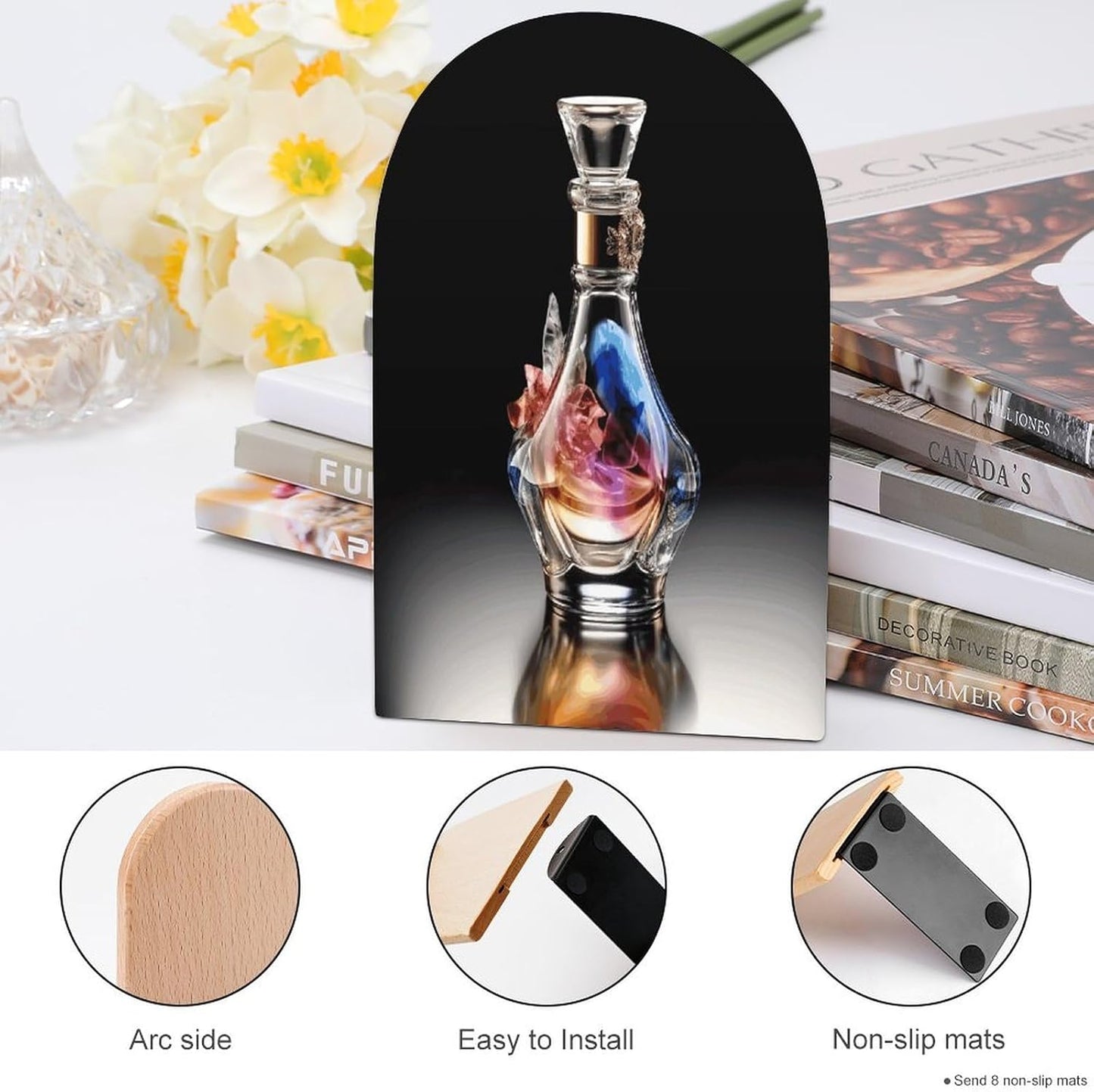 Perfume Bottle Bookend for Shelves Wooden Book End Large Size Sturdy Book Holders Stoppers with Metal Base for Bookshelves Slick Decorative Bookends Stands