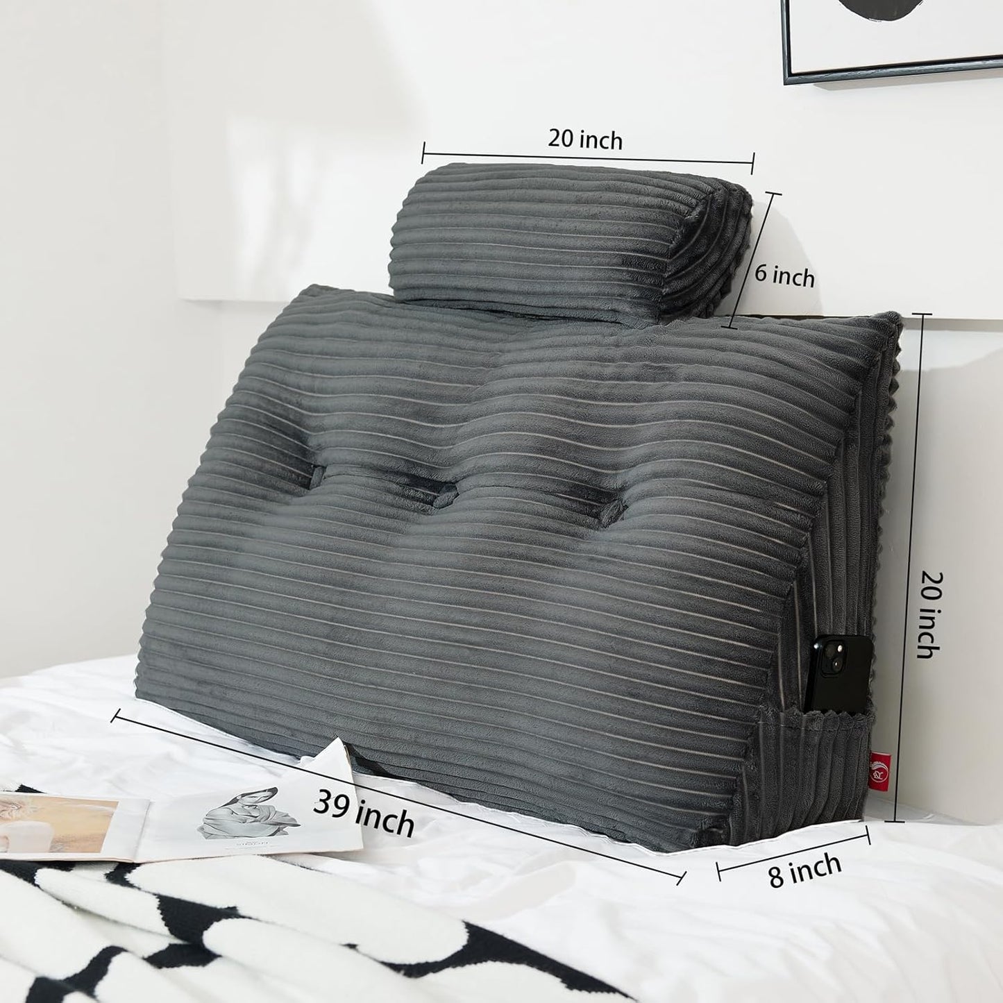 Headboard Wedge Pillow with Neck Roll Pillow Twin Wedge Pillow Headboard Soft and Supportive Bed Rest Reading Pillows for Sitting in Bed with Removable Cover