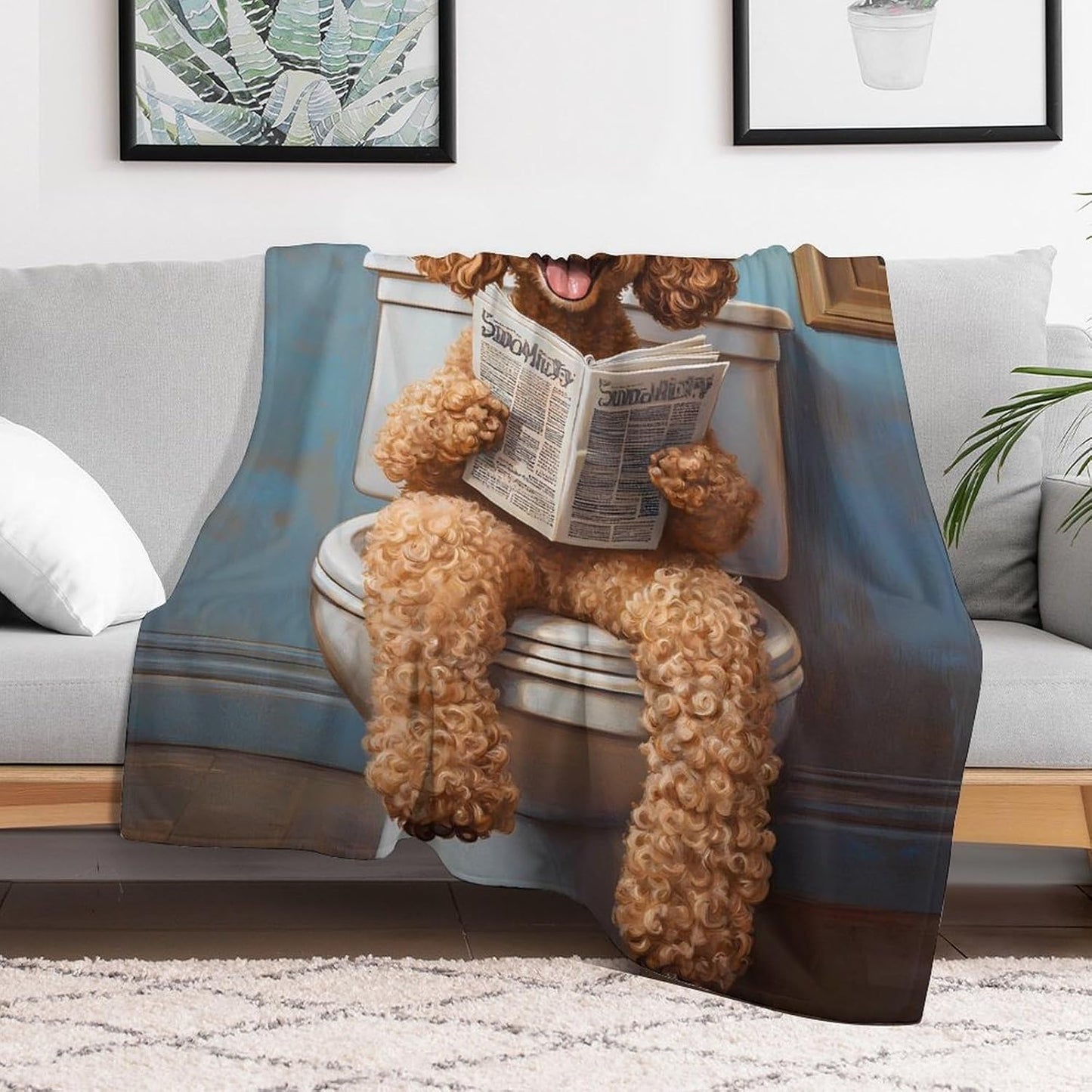 Goldendoodle on Toilet Reading Newspaper Funny Throw Blanket Flannel Cozy Plush Blankets for Couch Sofa Bedroom Travel