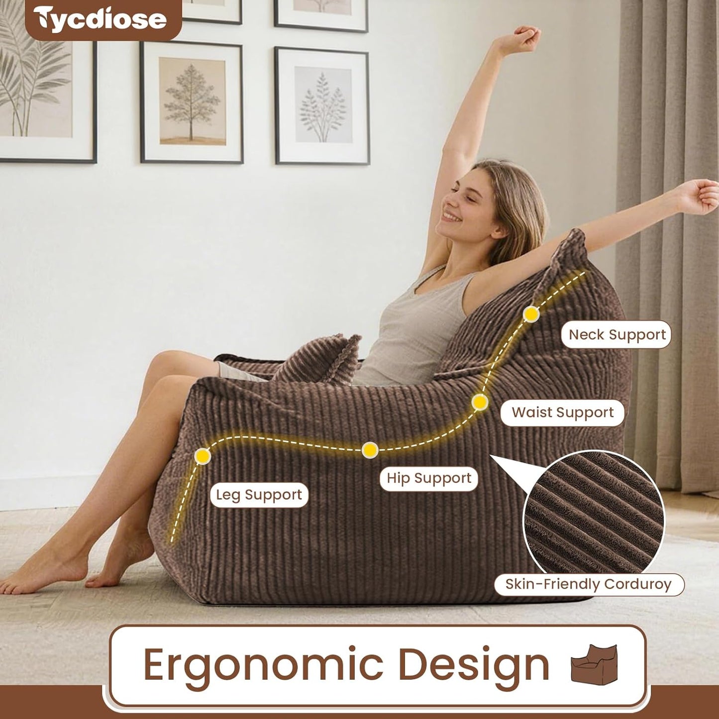 Oversized Bean Bag Chairs with Memory Crushed Sponge Filler for Adults Teens, Comfy Corduroy Large Bean Bag Couch Armchair for Reading Bedroom Living Room, Giant Reading BeanBag Chair, Brown