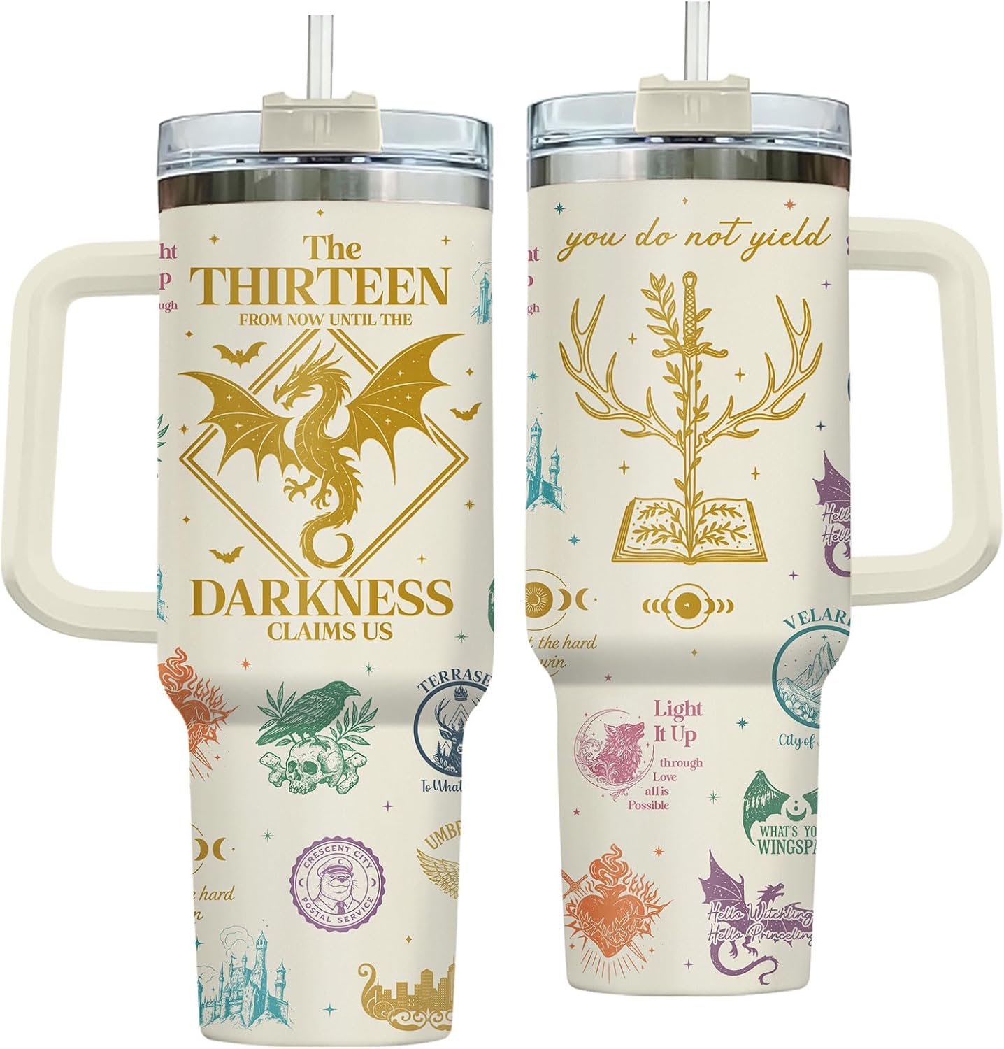 Fantasy Bookish Tumbler - 40oz Insulated Stainless Steel Mug with Handle - Dragon and Sword Throne Aesthetic - You Do Not Yield Quote - Gift for Epic Fantasy Readers, Book Lovers