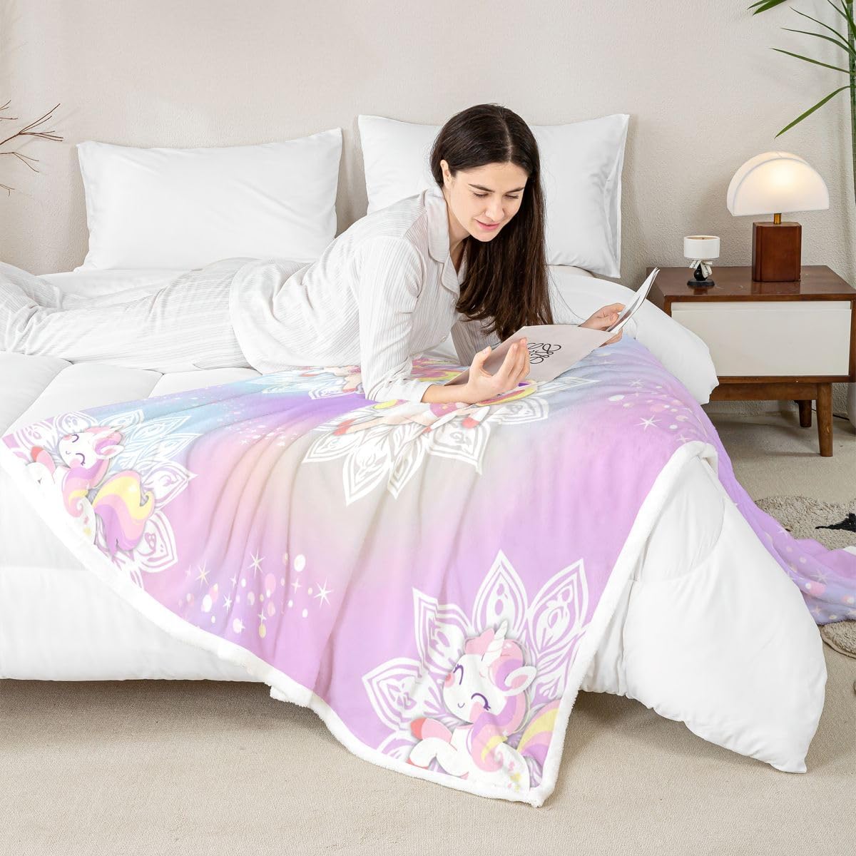 Rainbow Unicorn Fleece Blanket Twin Size for Girls Women, Pink Girly Glitter Plush Bed Blanket Sparkle Galaxy Twinkle Throw Blanket, Boho Rainbow Mandala Flower Flannel Blanket Ombre Room Decor