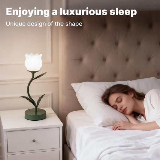 Flower-shaped table lamp, LED eye-protecting reading bedside retro night light, 3 color modes of cute bedside lamp decoration, living room and bedroom lighting table lamp home decoration (dark green)