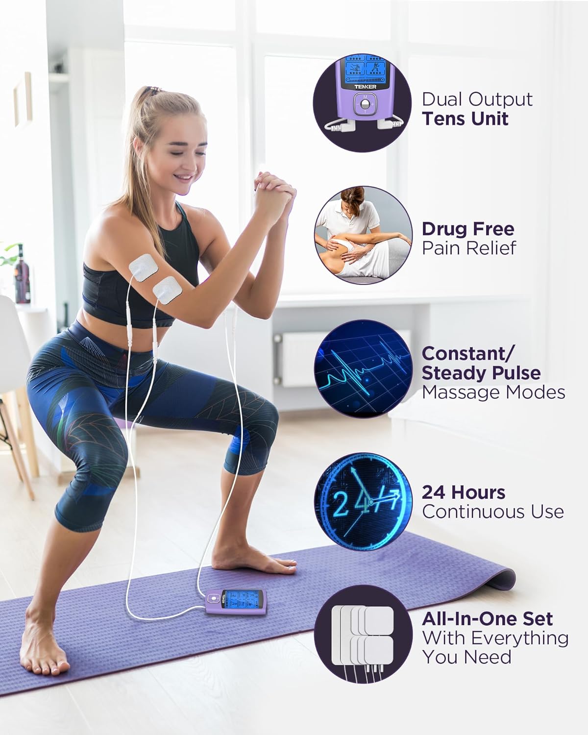 TENKER TENS Unit Muscle Stimulator, 24 Modes TENS EMS Machine for Shoulder, Sciatica, Back Pain Relief, Rechargeable Electronic Pulse Massager with 2"x2" and 2"x4" Electrode Pads