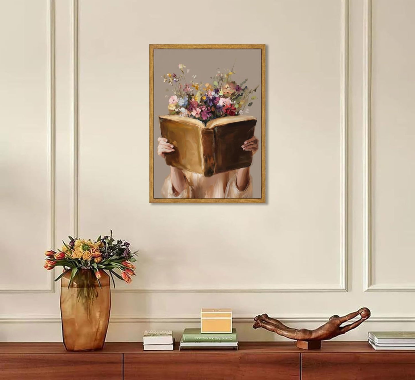 Framed Vintage Reading Woman Wall Art Floral Book Painting Picture Canvas Wall Decor Reading Aesthetic Poster Print Artwork for Library Living Room Dorm Bedroom Home Decoration