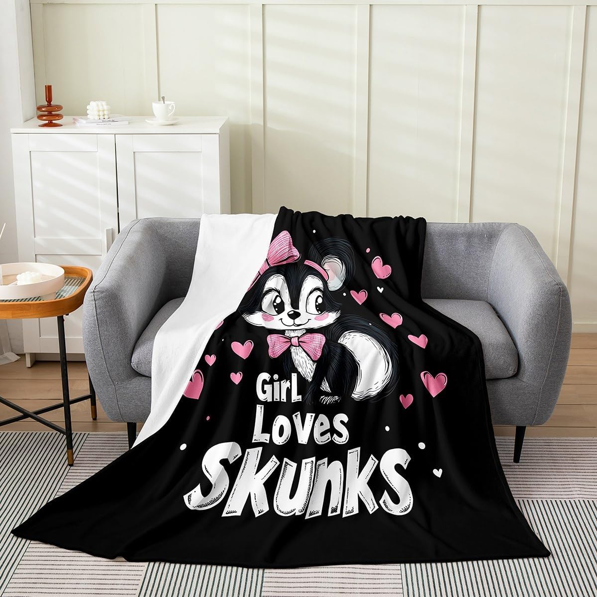 Erosebridal Funny Skunk Fleece Flannel Blanket Baby 30x40,Pink Bowknot Love Heart Shaped Throw Blanket for Boys Girls,Kawaii Stuffed Animal Girl Loves Skunks Wildlife Pattern for Skunk Lovers