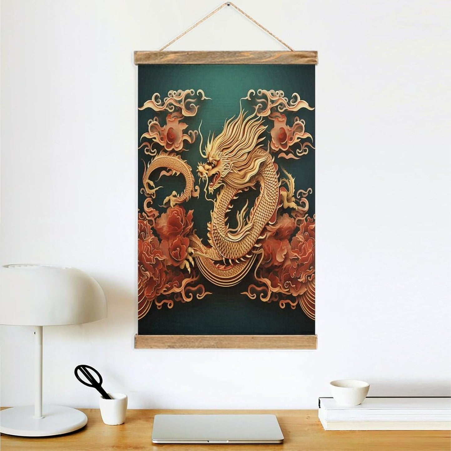 Vintage Dragon Chinese Background Poster with Wooden Frame Personalized Linen Hanging Scroll Painting Rustic Wall Hanging Illustrative Modern Artwork Decor for Home Living Room Bedroom Office