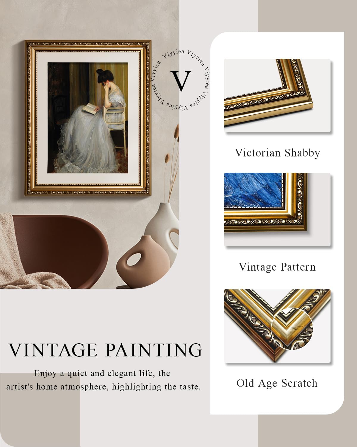 VIYYIEA Gold Framed Wall Art Canvas Print Home Decor for Living Room Women Reading Pictures for Bedroom Bathroom Wall Decor Women Portrait Art Wall Painting Vintage Art Prints Room Wall Decor 13x16in