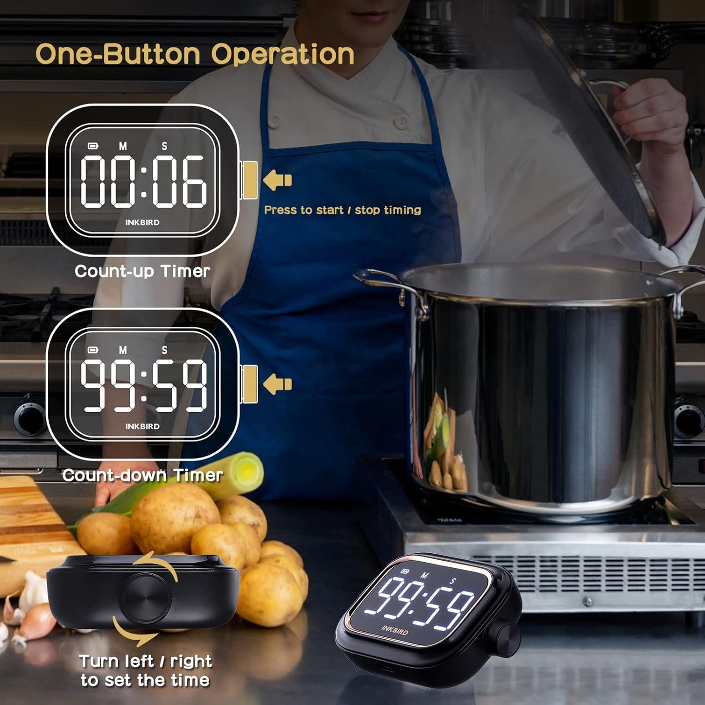 Digital Kitchen Timer for Cooking, INKBIRD Rechargeable 4-Levels Alarm Productivity Timer IDT-02 for Kids, Adults, Teachers, Large LED Smart Countdown Countup Magnetic Timer for Classroom Office