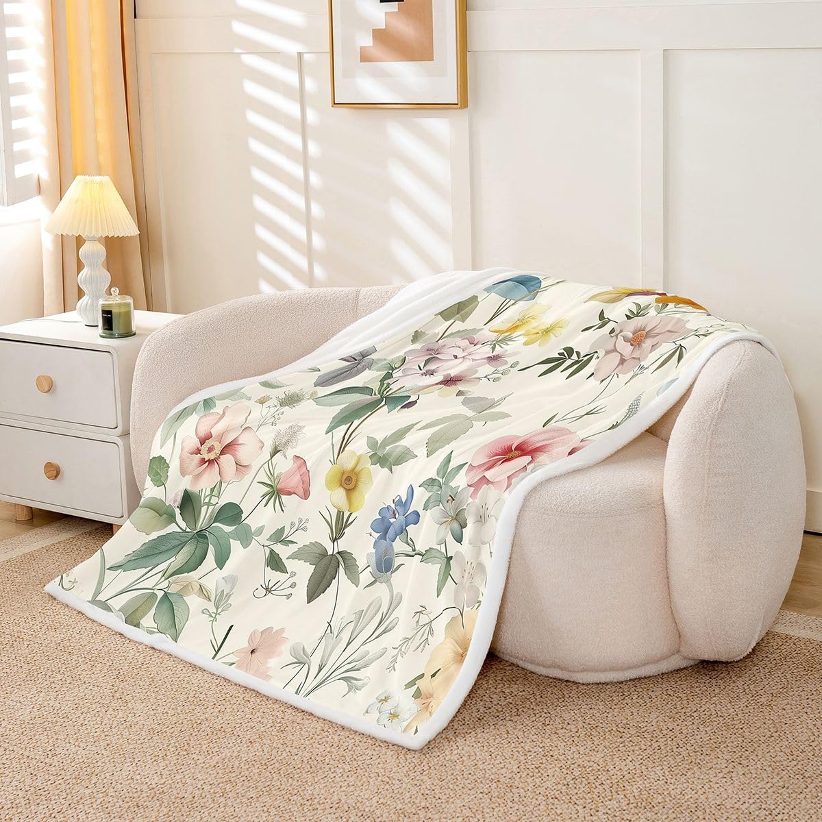 Feelyou Vintage Floral Sherpa Throw Blanket for Couch Boho Leaf Super Soft Cozy Fleece Garden Blanket for Winter, Plush Throw Throw 50"x60" All Season