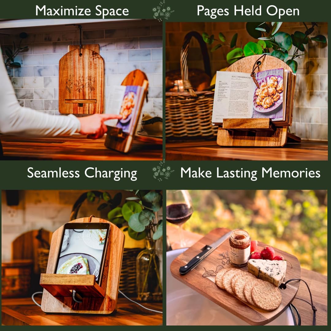 Wood Cook Book Stand for Kitchen Counter - Reversible Acacia Wooden Recipe Book Holder Stand - Cooking Measurement Conversion Card - Gift-Ready Adjustable Tablet Cook Book Holder - Charging Cable Slot