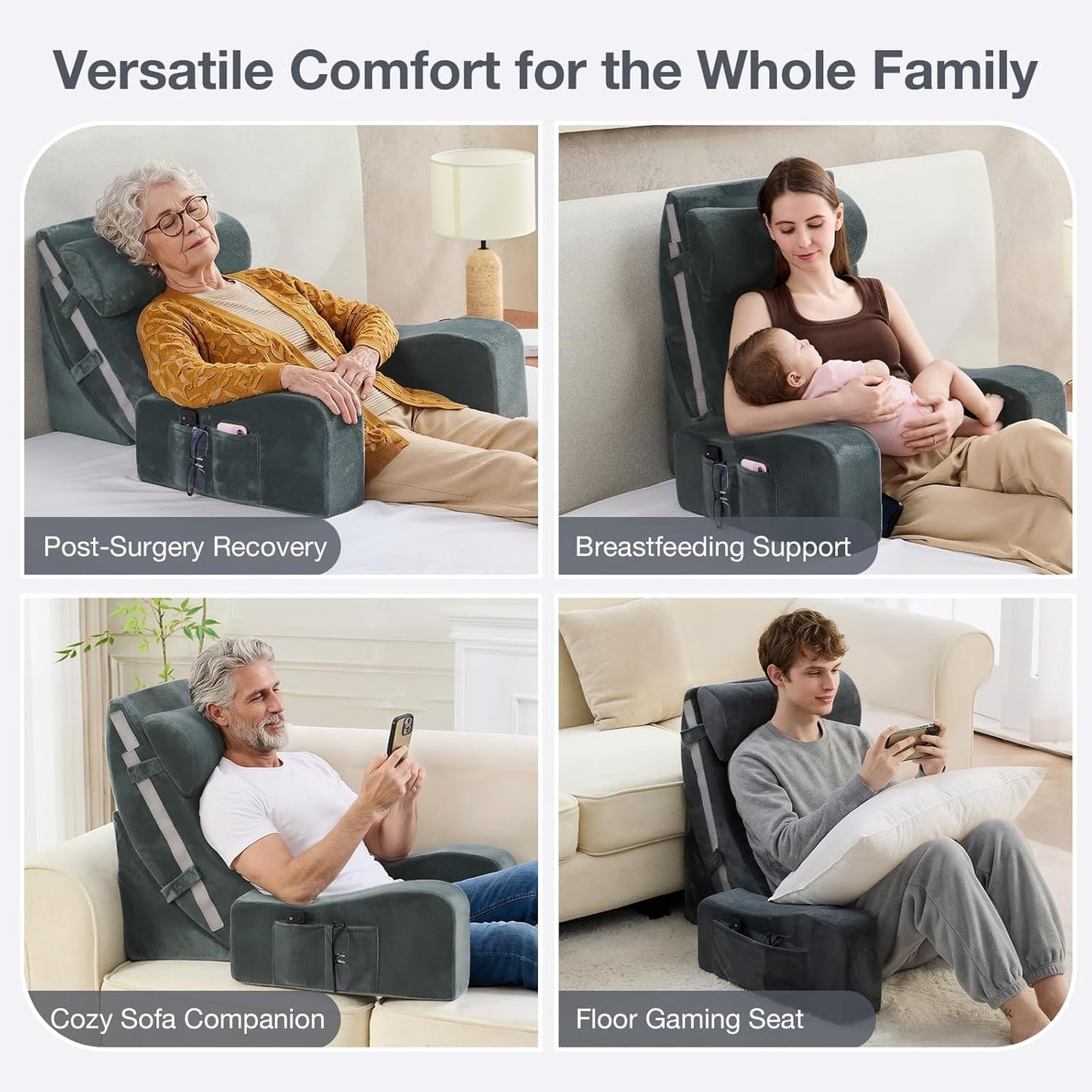 Sasttie Reading Pillow with Armrests, 15–25 Inch Adjustable Back Support Pillow for Bed Sitting Up, Memory Foam Back Rest Cushion Bed Chair for Reading, Gaming & Relaxing, Dark Grey