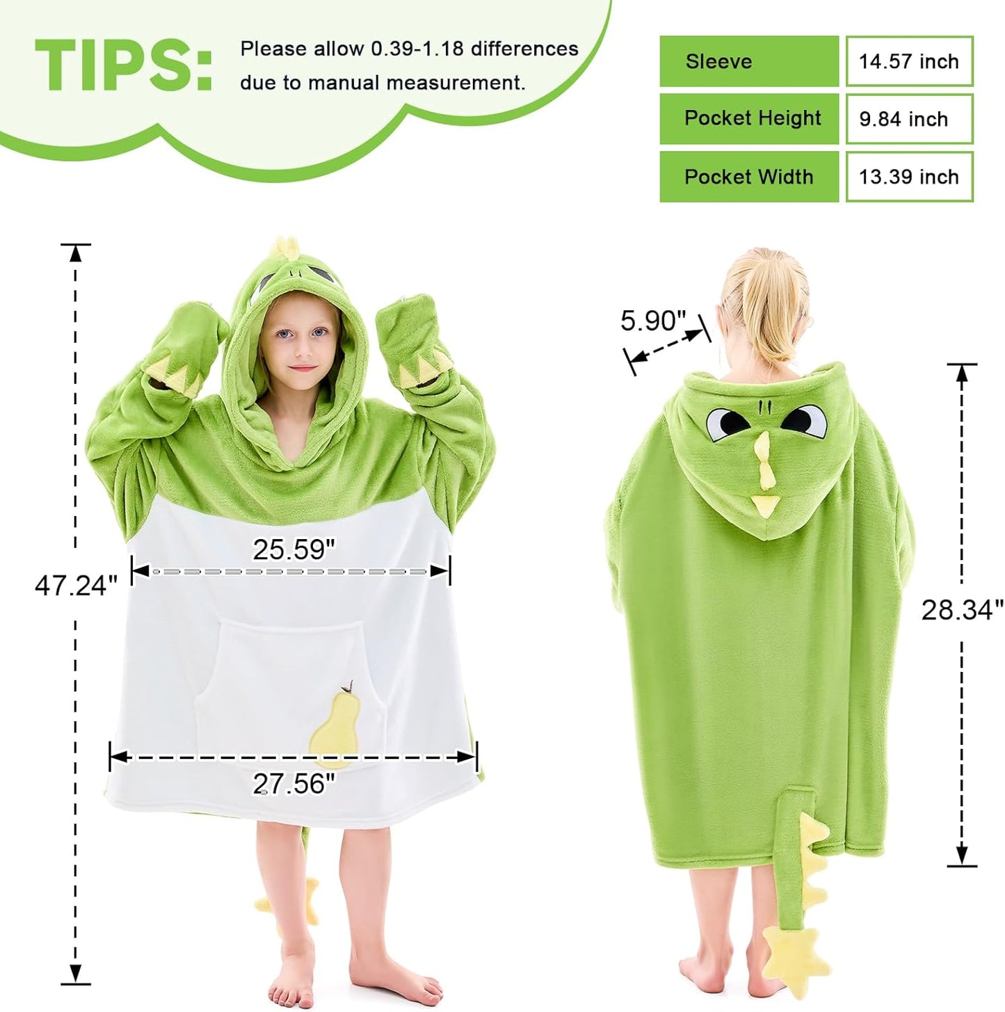 IFNOW Wearable Blanket Hoodie Kids, Oversized Fleece Blanket Sweatshirt Christmas Birthday Gifts for Boys, Girls, Teen Hoodie with Portable Foldable Blanket Pillow, Embroidery 5-15 Years, DinoPear
