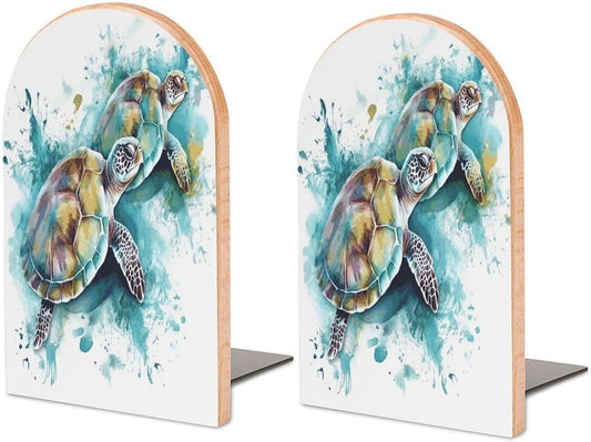 Two Turtles Watercolor Splash Wooden Bookend Non-Slip Book Ends Heavy Duty Book Stopper with Metal Base Books Holderd Decorative Bookends Stands Firmly for Office Supplies