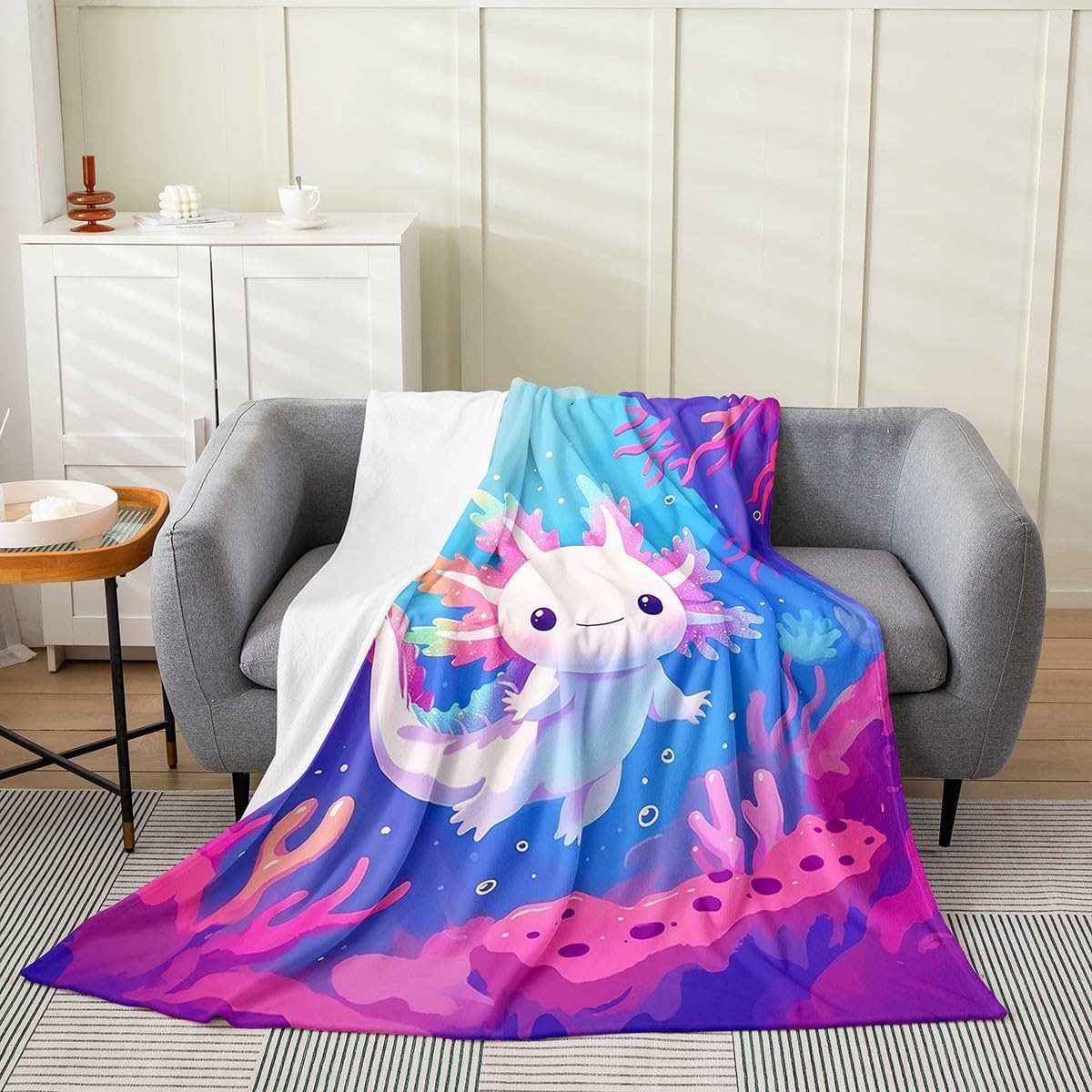 Erosebridal Kids Sealife Axolotl Fleece Blanket Twin 60x80 Inch - Ultra-Soft for Couch Sofa Bed,Ocean Coastal Flannel Blanket,Salamander Fuzzy Plush Throw for Kids Room,Underwater Coral Room Decor