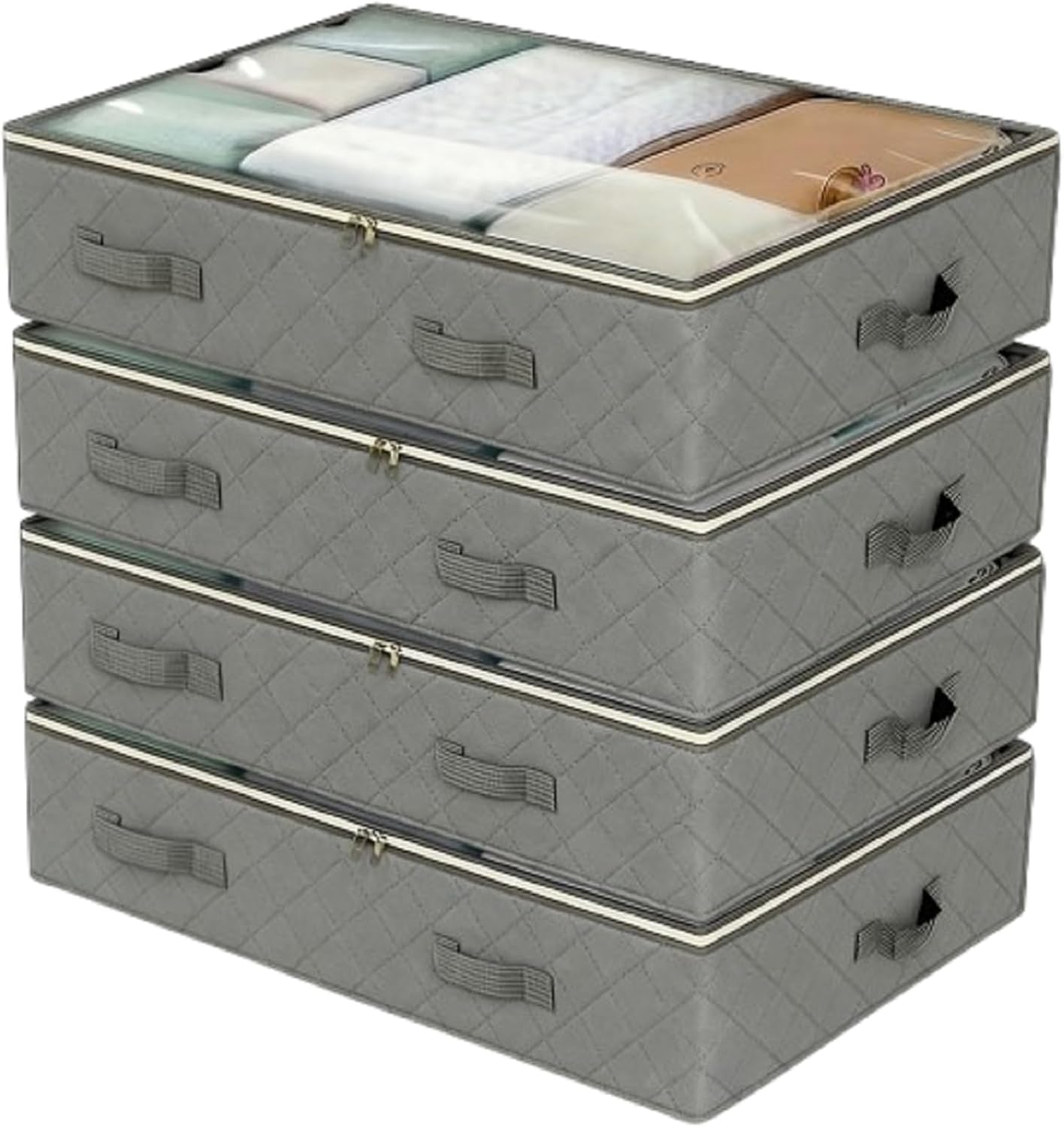 4 Pack Under Bed Storage, Closet Organizers and Storage Containers with Clear Window Foldable Underbed Storage Bags for Clothes,Shoes, Blankets Pillows, Linen Sheets, Grey 60L