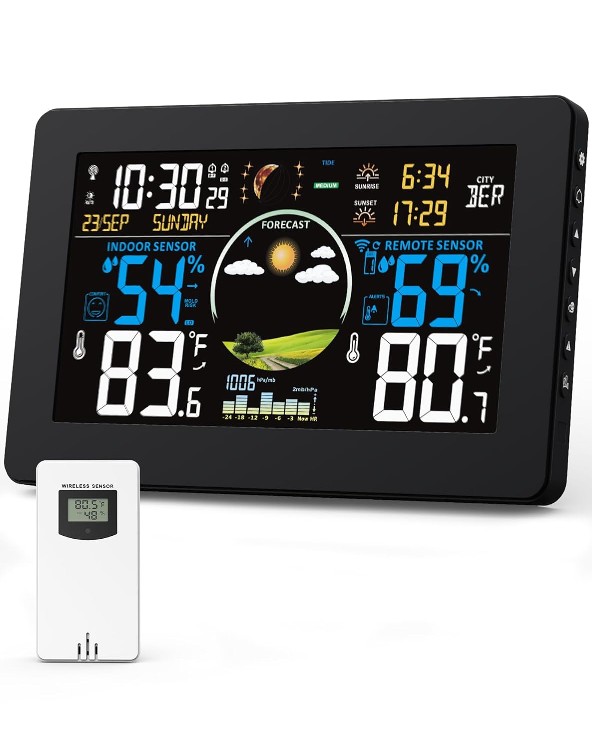 Weather Station Wireless Indoor Outdoor Thermometer, 7.5" VA Display with Remote Sensor, Home Weather Station with Weather Forecast, Temperature, Humidity, Atomic Clock, Moon Phase