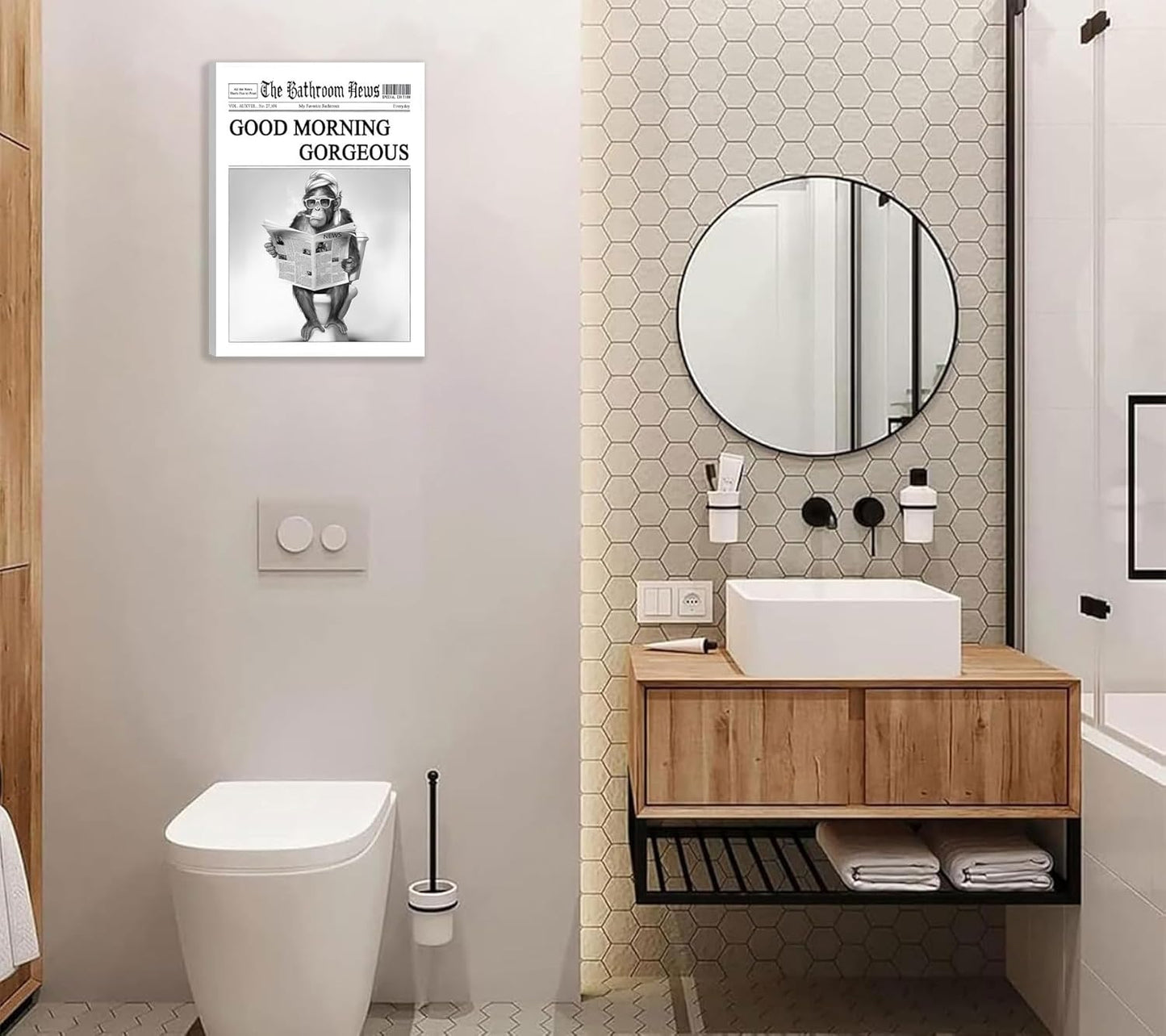 Funny Gorilla Bathroom Canvas Wall Art Black White Gorilla Reading Newspapers Painting Picture Wall Decor Humorous Bathroom Animals Poster Print Artwork for Toilet Home Decoration 12x16in