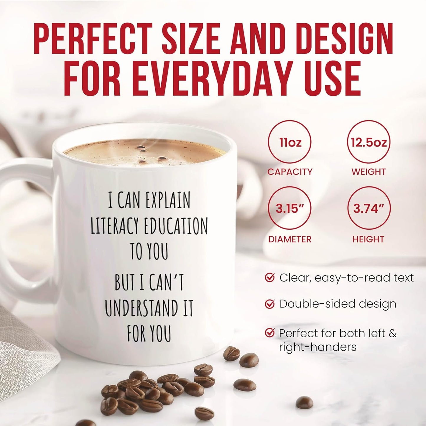 Funny Literacy Education Mug - Reading Enthusiast Coffee Cup - Teacher Funny Gift From Students - Book Lover Tea Mugs - Advocate Cups - 11 Oz Ceramic Gifts For Educators, Birthday, Him, Her
