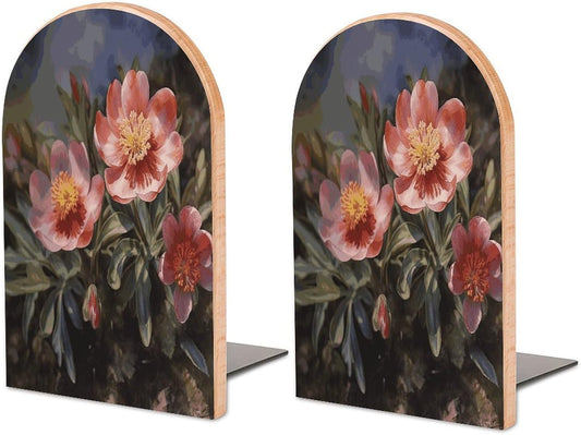 Spring Flower Bookend for Shelves Wooden Book End Large Size Sturdy Book Holders Stoppers with Metal Base for Bookshelves Slick Decorative Bookends Stands