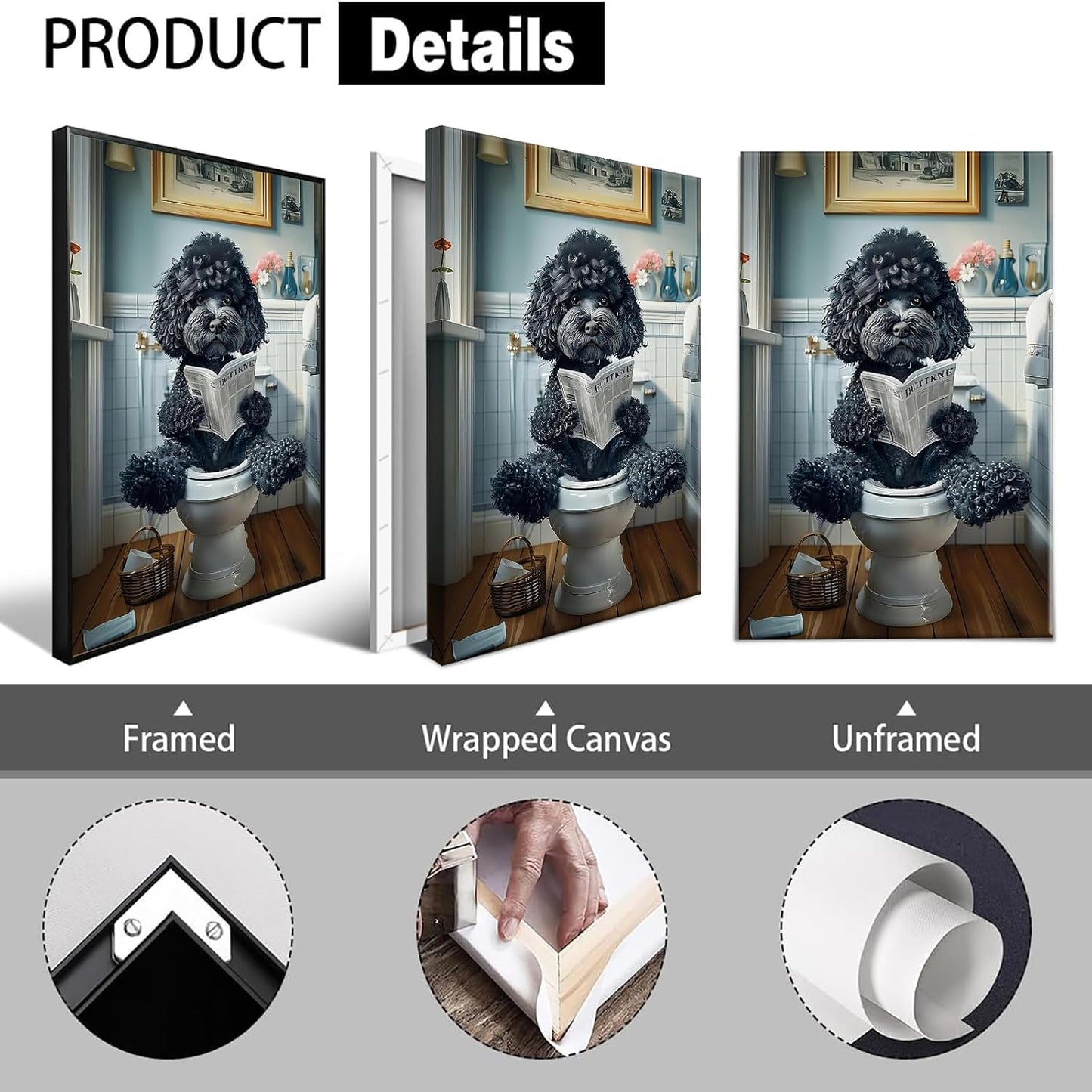 Whimsical Bathroom Canvas Wall Art Cute Black Teddy Dog On Toilet Reading Newspaper Posters Funny Humor Animal Aesthetic Painting For Home Apartment Restroom Wall Decor 12x16in Unframed