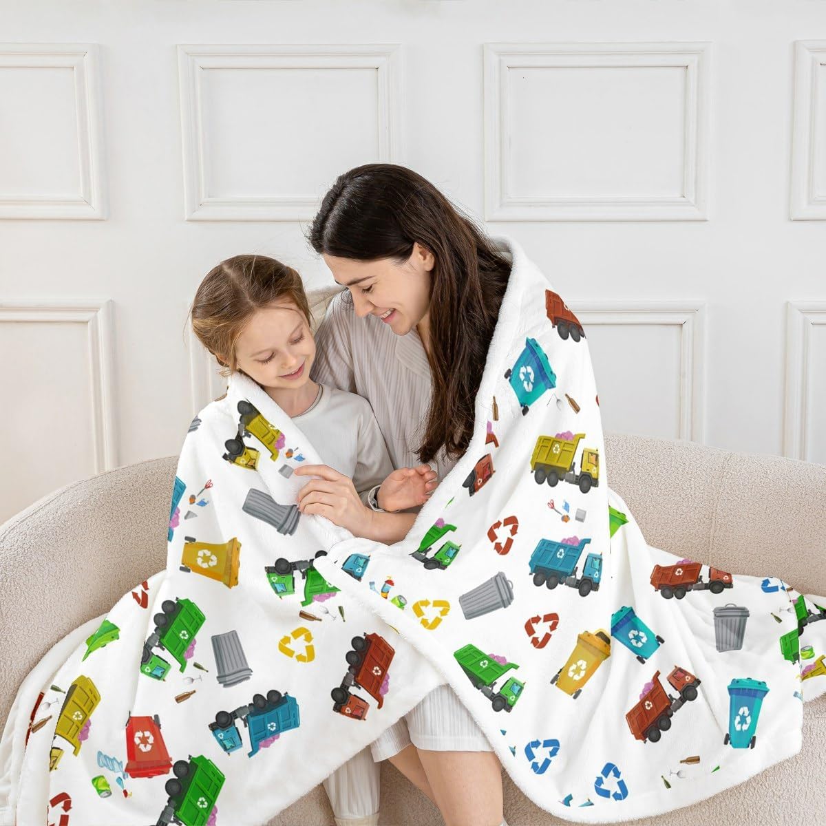 Garbage Truck Kids Throw Blanket,Cartoon Trash Truck Transport Vehicles Bed Blanket,Boys Girls Adults Room Decor,Trash Can Chic Fleece Blanket,Colorful Bright Fuzzy Blanket,Twin Size (60 x 80 Inches)