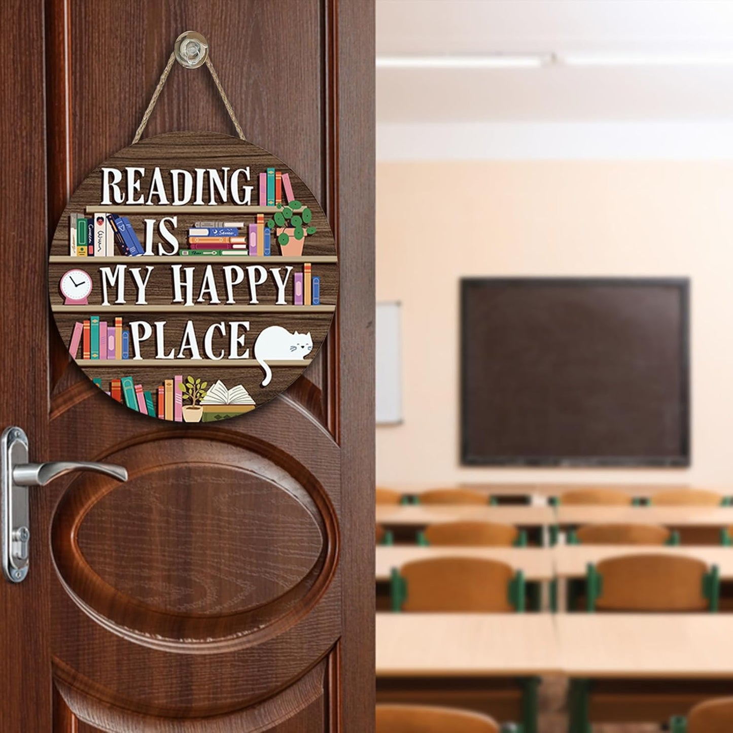 Reading is My Happy Place Front Door Sign, Inspirational Wooden Hanger School Classroom Library Reading Corner Home Decor, Wreath Indoor Wall Hanging Decoration Bookish Reader Book Lover Gift
