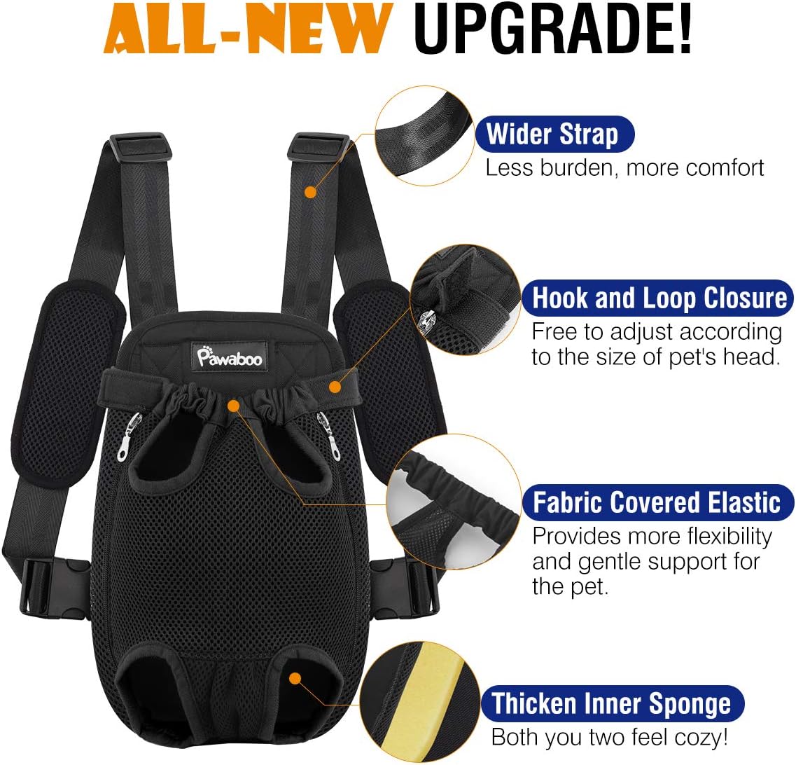 Pawaboo Pet Carrier Backpack, Adjustable Pet Front Cat Dog Carrier Backpack Travel Bag, Legs Out, Easy-Fit for Traveling Hiking Camping for Small Medium Dogs Cats Puppies 5-8lbs, Medium, Black