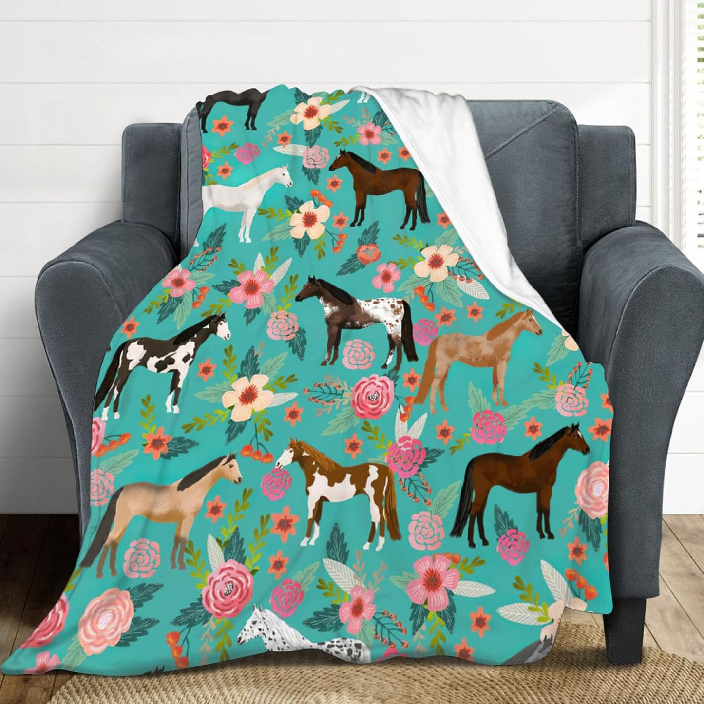 Horse Blanket Gifts for Girls Women Cute Horses Flowers Flannel Fleece Throw Blanket Soft Warm Fuzzy Floral Blanket for Horse Lovers Decor Bed Couch Living Room for Kids 50"x40"