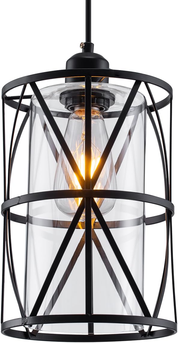 Black Industrial Metal Pendant Light with Clear Glass Shade, Transitional Cylinder Pendant Lighting Fixture for Kitchen Island Sink Counter Dining Room