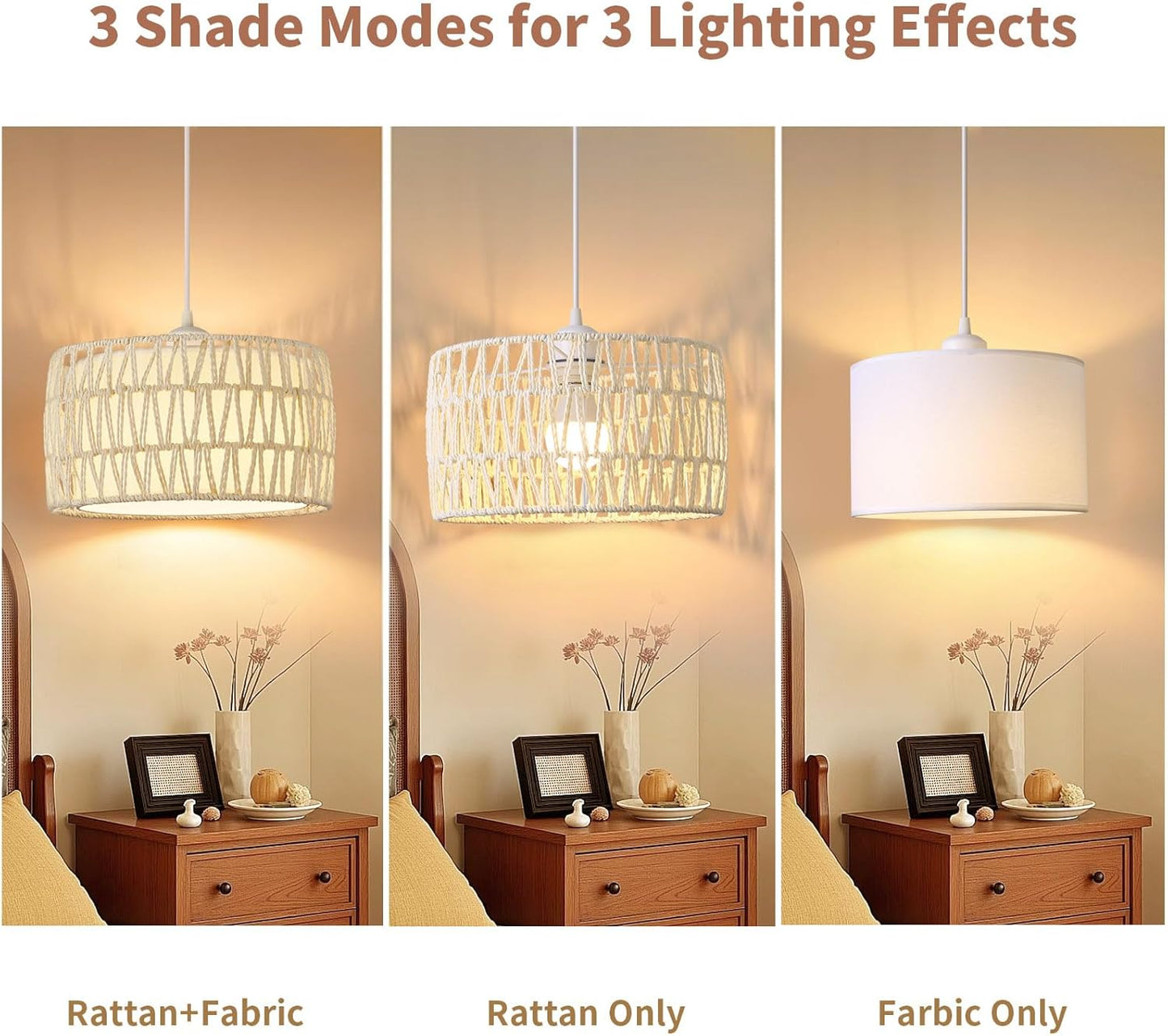 Plug in Pendant Light, Rattan Hanging Lights with Plug in Cord, Woven & Fabric 2 in 1 LampShade, Hanging Lamp Plug in for Bedroom Living Room Kitchen Island-Cream (Bulb Included)