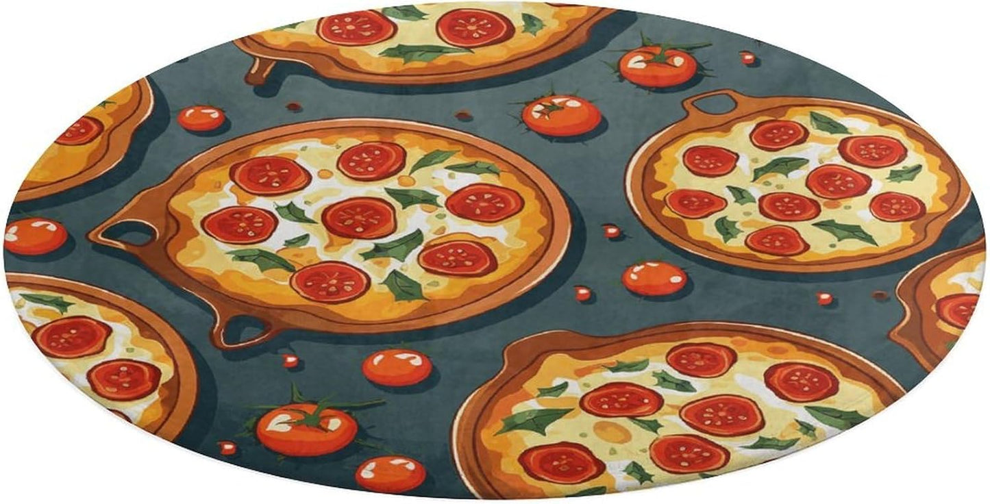 Pizza Food Circle Rug Retro Luxury Coral Velvet Floor Mat Non Slip Soft Indoor Floor Carpet Comfy Thickened Area Rugs Modern Aesthetic Minimalist Carpets for Home Decor