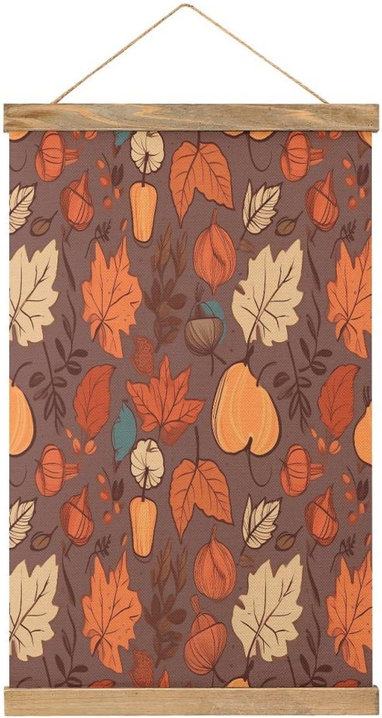 Vintage Fall Poster with Wooden Frame Personalized Linen Hanging Scroll Painting Rustic Wall Hanging Illustrative Modern Artwork Decor for Home Living Room Bedroom Office