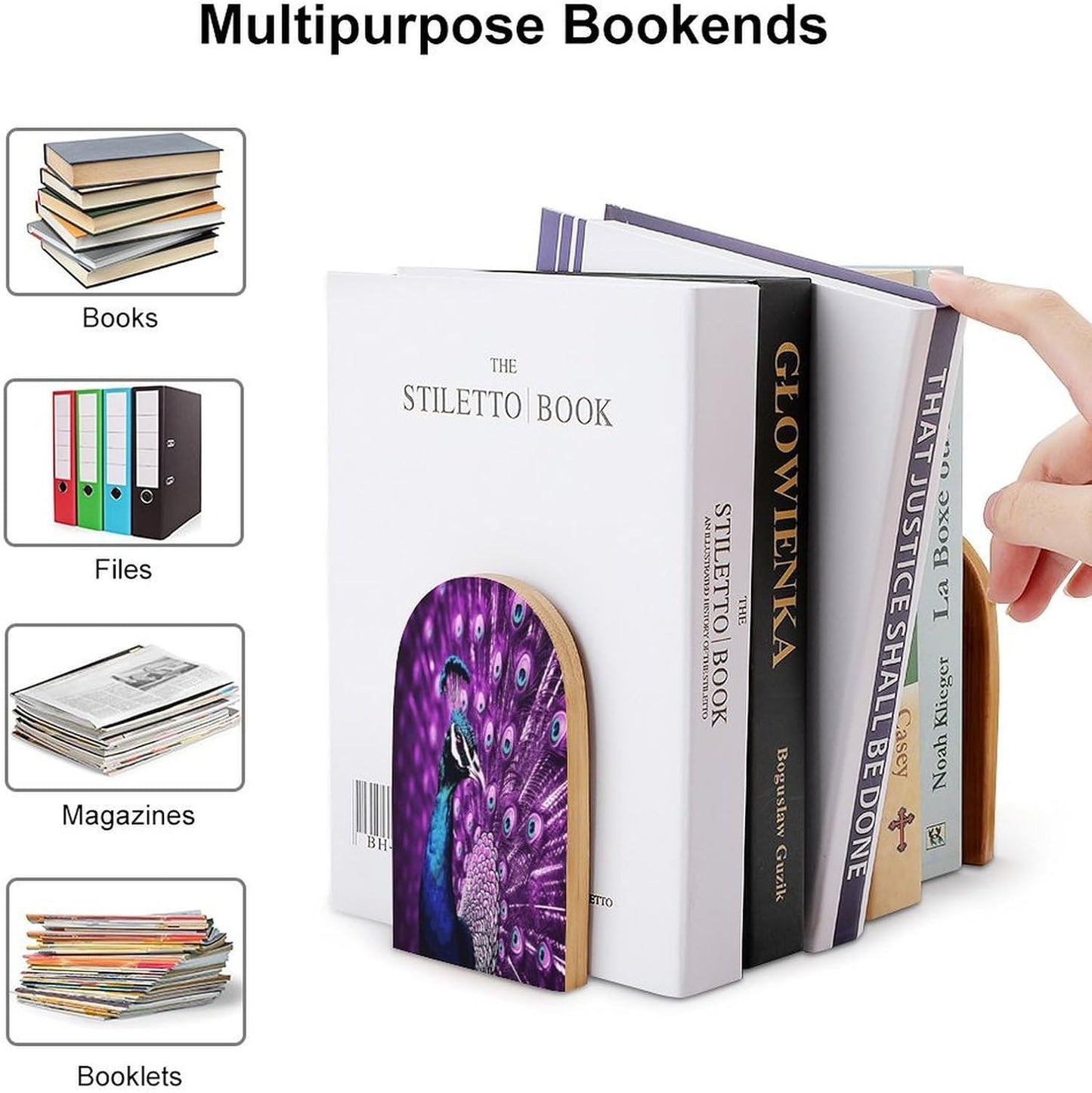 Purple Peacock Bookends 1 Pair Heavy Duty Book Ends for Shelves Non-Skid Bookend Supports Wooden Book Holders with Metal Base Desk Organizers Books Storage to Hold Books