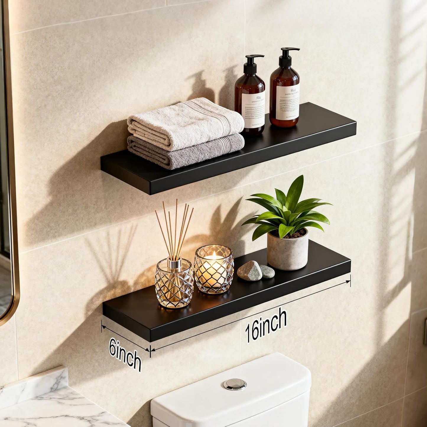 JAMBALAY Floating Shelves for Wall, 16" Wall Mounted Rustic Wood Shelves for Bathroom, Living Room, Bedroom, Kitchen. Hanging Shelf for Books/Storage/Decor (Black, Set of 3)