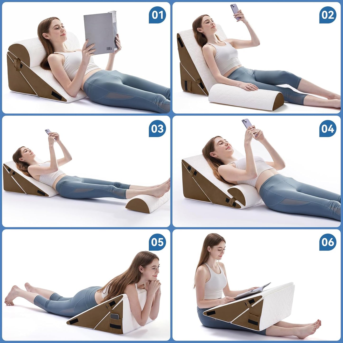 Wedge Pillow Set for After Surgery, 3 PCS Bed Wedge Pillow for Sleeping, Memory Foam Orthopedic Back Pillow for Pain Relief and Acid Reflux, Adjustable Post Surgery Pillow Brown