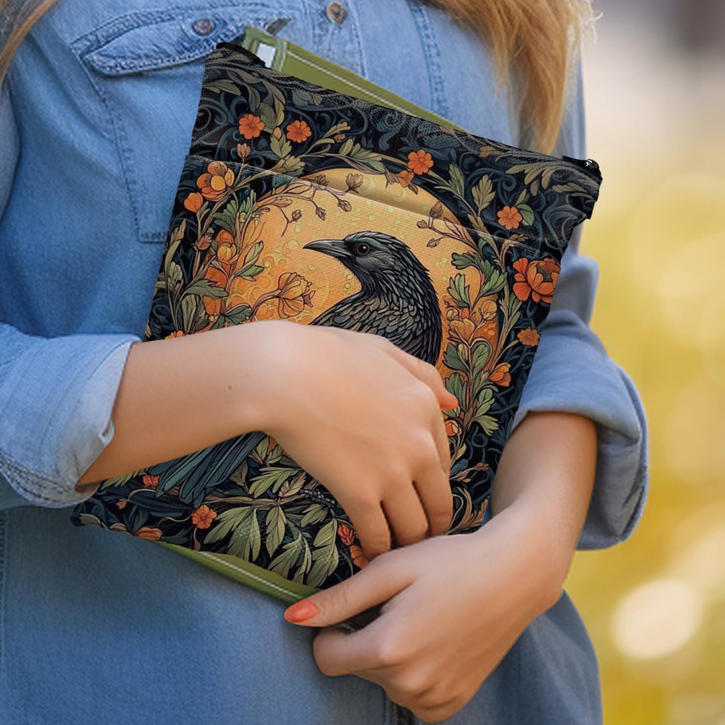 Vintage Flower&Raven William Morris Book Sleeve for Book Lovers, Bookish Book Protector with Zipper, Washable Fabric Book Cover for Paperbacks & Hardcovers,11.4 x 9.1Inches (Black-Raven, Medium)