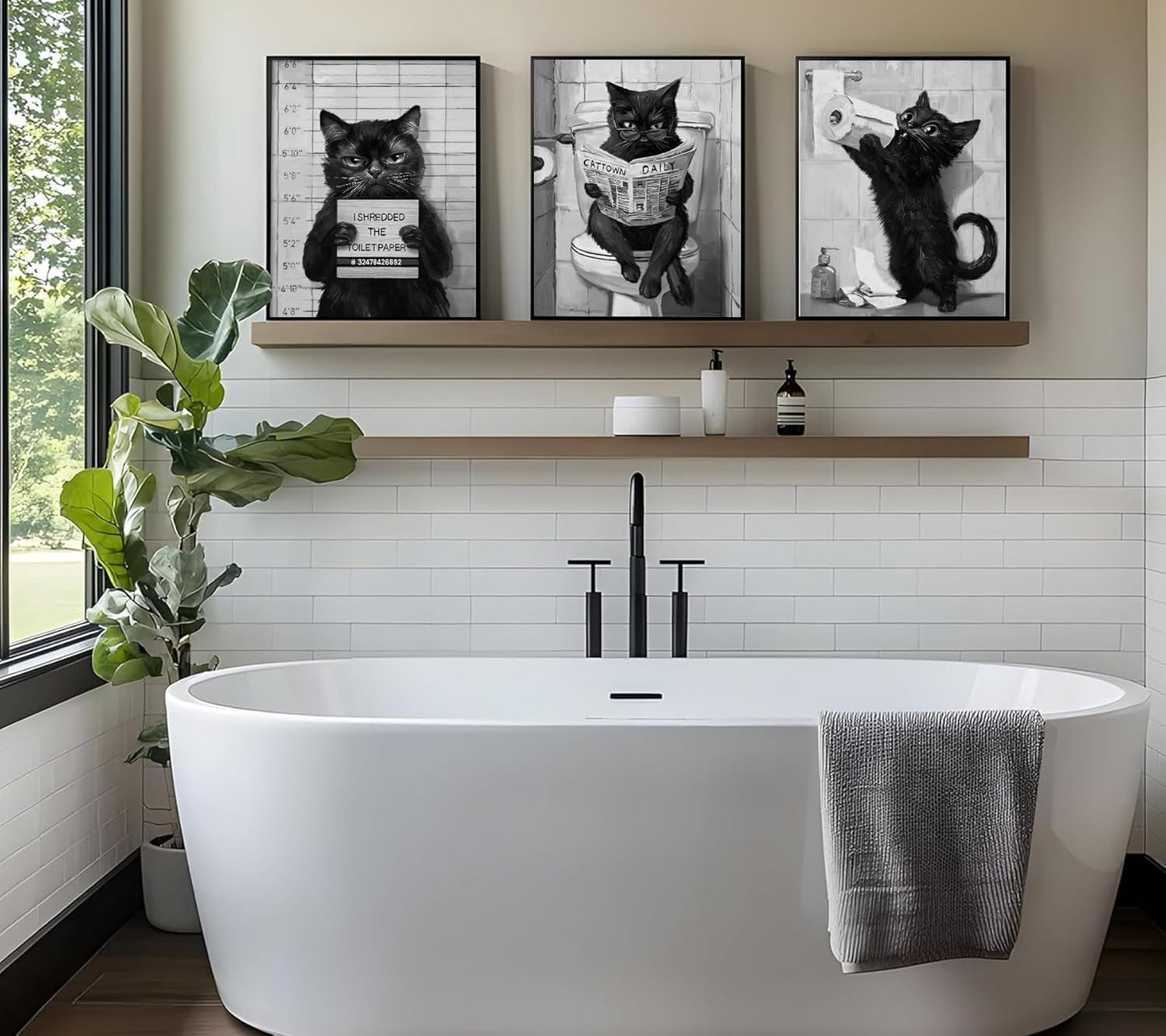 3Pcs Bathroom Black White Cat Wall Art Abstract Cat Reading Newspaper On The Toilet Posters Print Artwork Funny Animal Pictures Wall Decor for Home Restroom Decoration 16x24in Unframed
