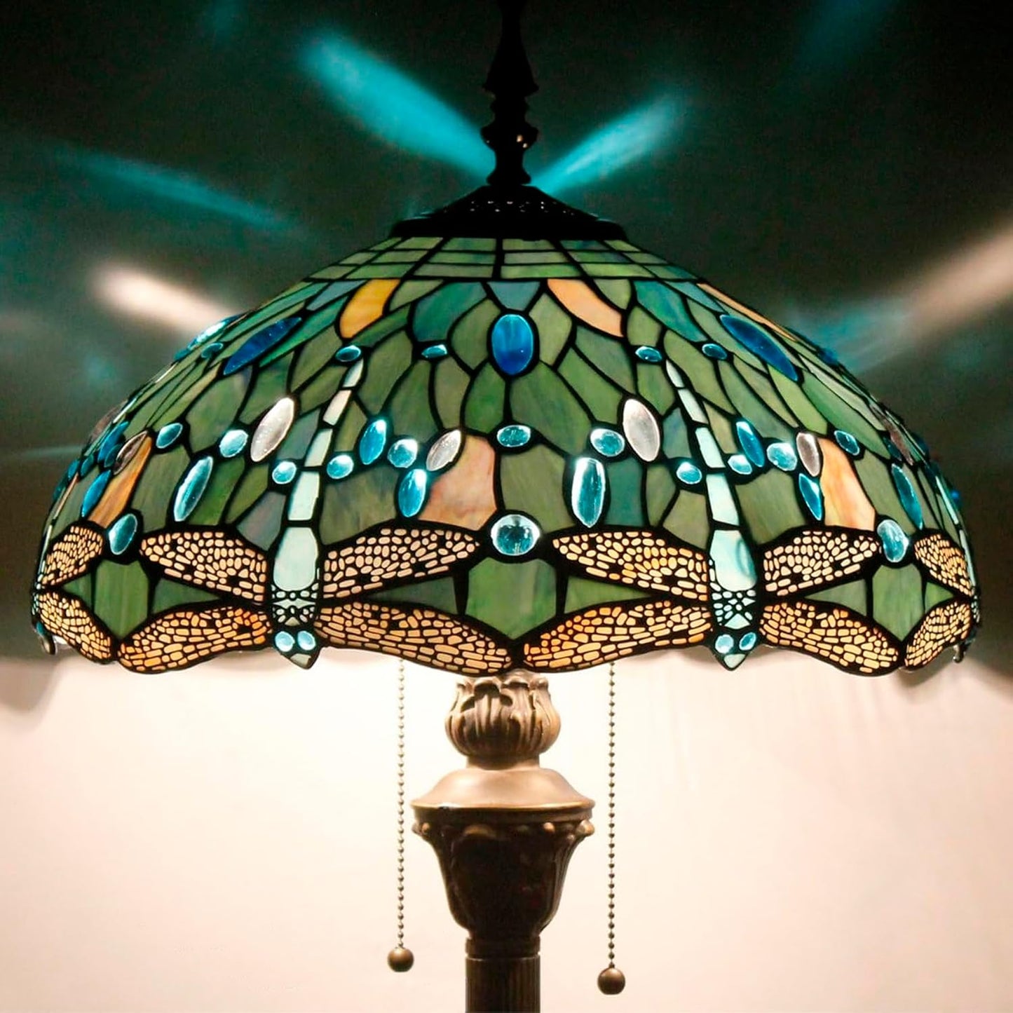 WERFACTORY Tiffany 플로어 램프 씨 블루 스테인드 글라스 잠자리 스탠딩 독서 조명 40.6 x 40.6 x 162.6cm 앤티크 폴 코너 램프 장식 침실 거실 홈 오피스 S147 시리즈