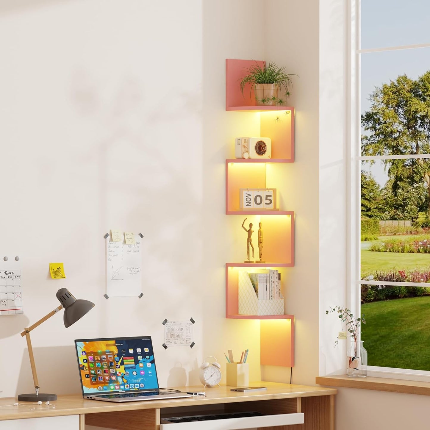 Corner Shelf Wall Mount with LED Light, 5 Tier Floating Corner Bookshelf, Plant Shelf for Bedroom, Floating Shelves for Wall, Display Stand for Living Room, Bathroom, Home Office, Pink