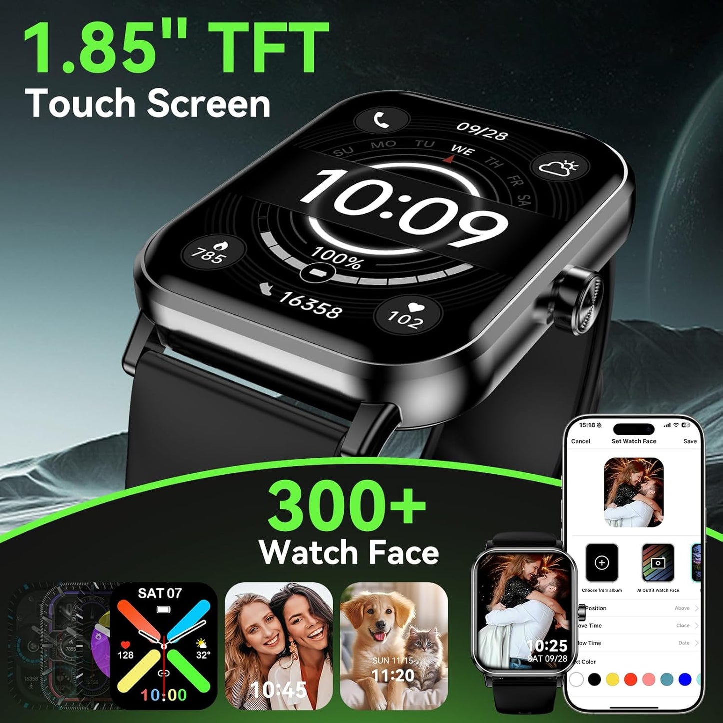 Smart Watch, 1.85" HD Fitness Tracker with Bluetooth Calls, 5 ATM Waterproof, 24/7 Heart Rate/Sleep Monitor, Pedometer, Calories, 130+ Sport Modes, Smartwatch for iOS Android (Black)